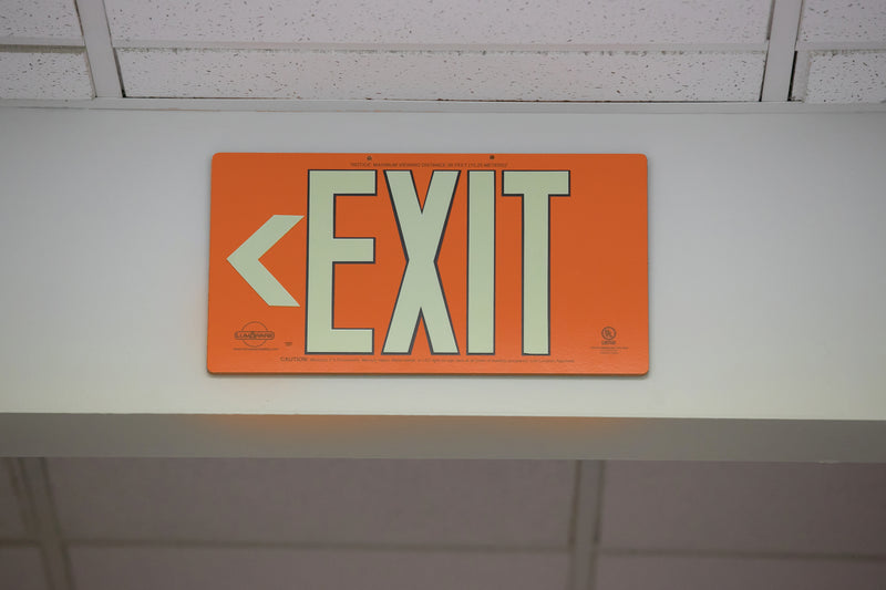 Orange Poly-Metal Single-Sided 50' Visibility 5 fc Rated Energy-Free Photoluminescent UL924 Emergency Exit Sign LED Lighting Compliant