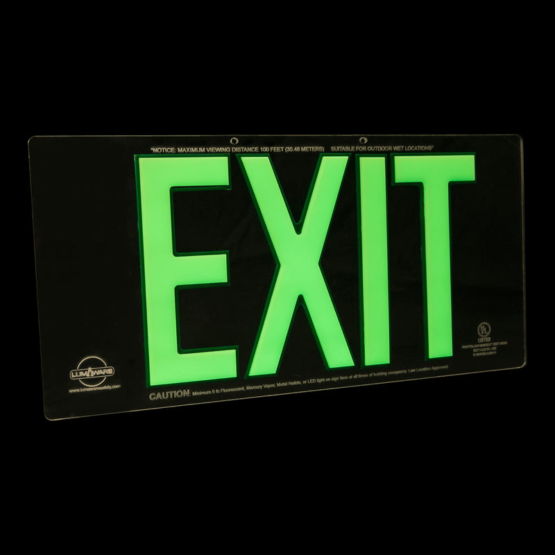 Clear Lucite Single-Sided 50' Visibility 1.3 fc Rated Energy Free Photoluminescent UL924 Emergency Exit Sign LED Lighting Compliant - Green Outline