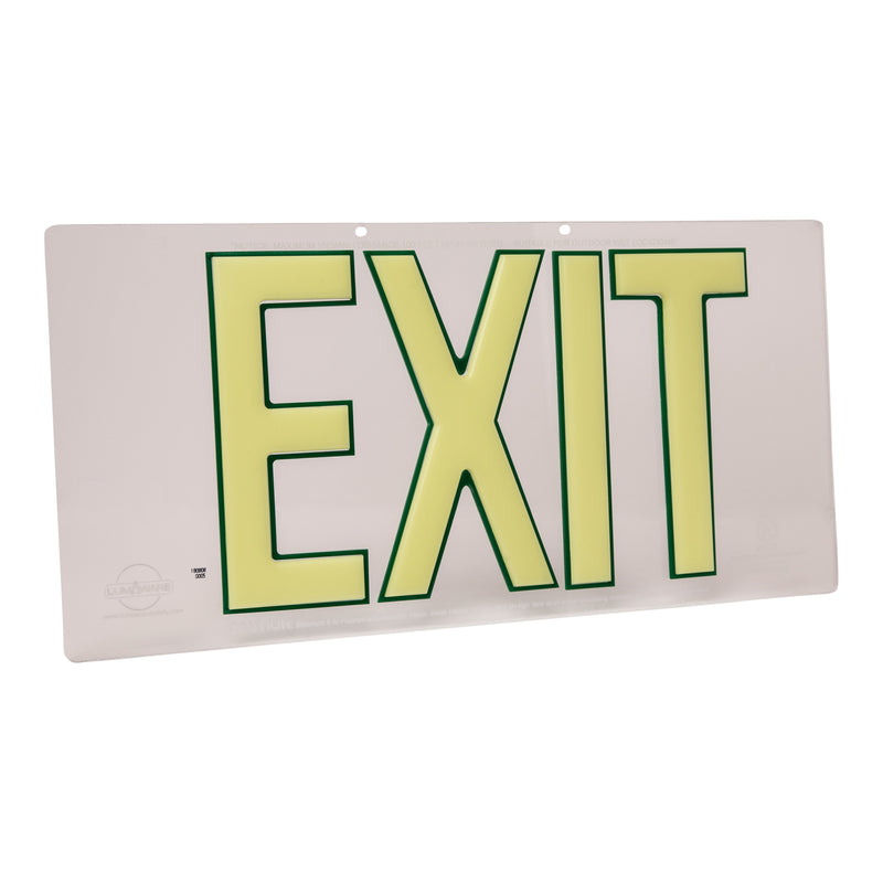 Clear Lucite Single-Sided 50' Visibility 1.3 fc Rated Energy Free Photoluminescent UL924 Emergency Exit Sign LED Lighting Compliant - Green Outline