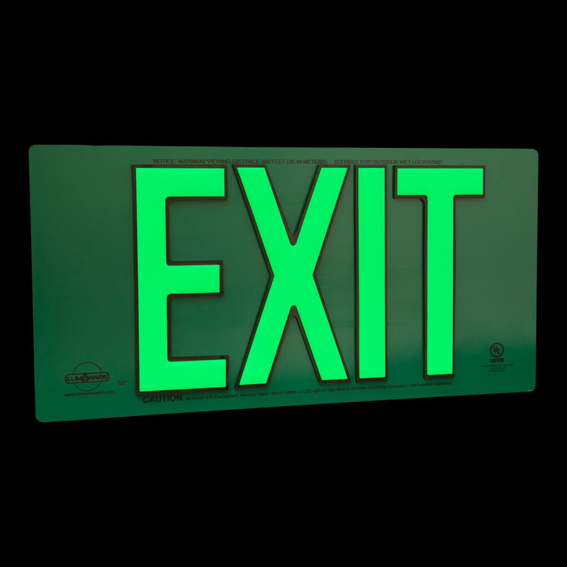 Green Poly-Metal Emergency Exit Sign, LED compliant exit sign, Alternative exit signs, energy free exit signs, Photoluminescent Exit Signs, Electric Sign Alternative, UL924 Emergency Exit Sign, Electric Exit Signs