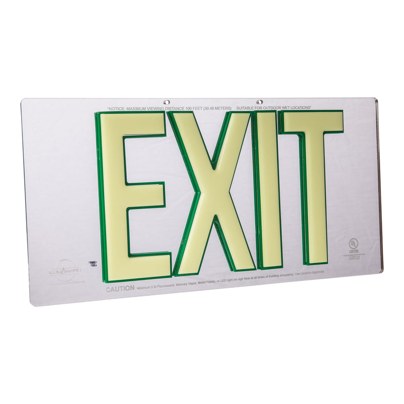 Mirrored Emergency Exit Sign, LED compliant exit sign, Alternative exit signs, energy free exit signs, Photoluminescent Exit Signs, Electric Sign Alternative, UL924 Emergency Exit Sign, Electric Exit Signs