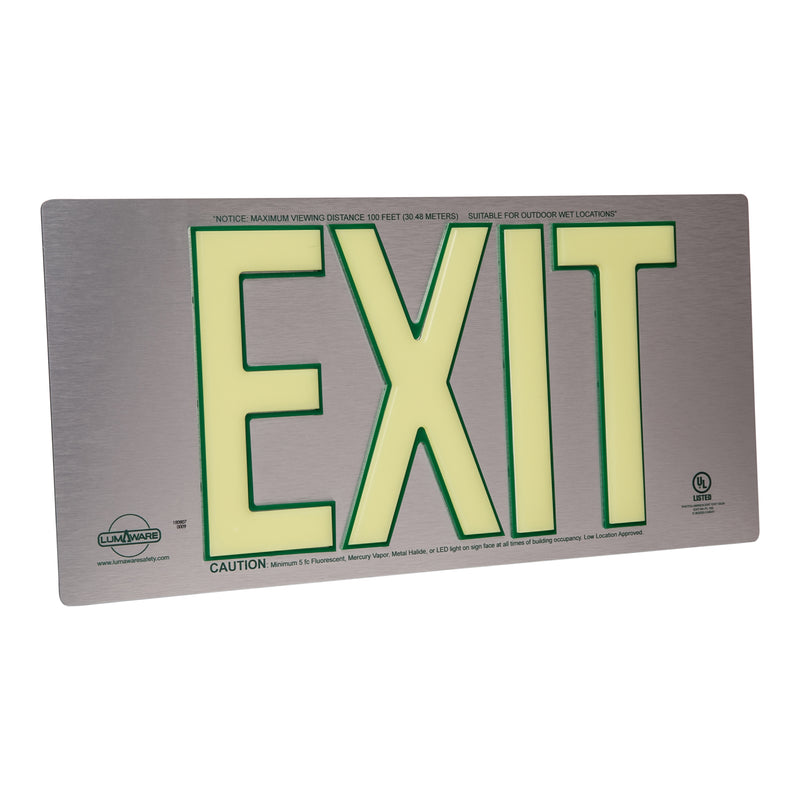 Brushed Aluminum Poly-Metal Single-Sided 50' Visibility 1.3 fc Rated Energy-Free Photoluminescent UL924 Emergency Exit Sign LED Lighting Compliant