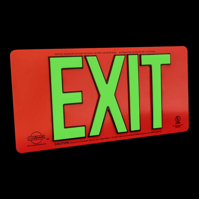 Red Poly-Metal Single-Sided 50' Visibility 1.3 fc Rated Energy-Free Photoluminescent UL924 Emergency Exit Sign LED Lighting Compliant