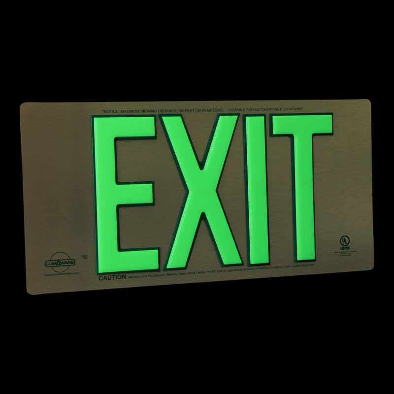 Brushed Aluminum Poly-Metal Single-Sided 50' Visibility 1.3 fc Rated Energy-Free Photoluminescent UL924 Emergency Exit Sign LED Lighting Compliant