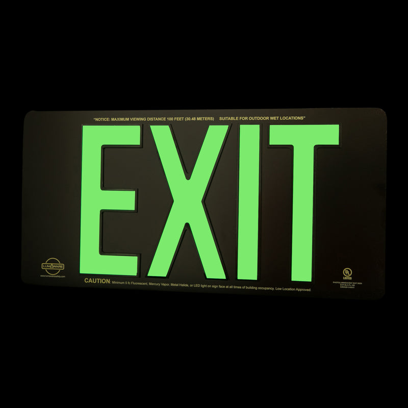 Black Poly-Metal Double-Sided 100' Visibility 5 fc Rated Energy-Free Photoluminescent UL924 Emergency Exit Sign LED Lighting Compliant