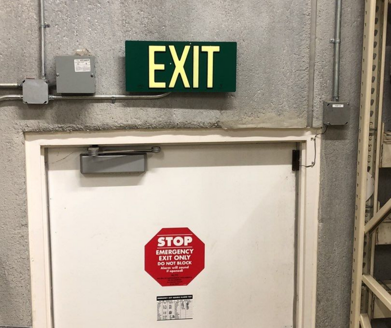 Green Poly-Metal Emergency Exit Sign, LED compliant exit sign, Alternative exit signs, energy free exit signs, Photoluminescent Exit Signs, Electric Sign Alternative, UL924 Emergency Exit Sign, Electric Exit Signs