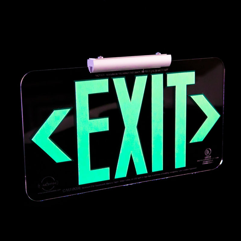 Clear Lucite Emergency Exit Sign, LED compliant exit sign, Alternative exit signs, energy free exit signs, Photoluminescent Exit Signs, Electric Sign Alternative, UL924 Emergency Exit Sign, Electric Exit Signs