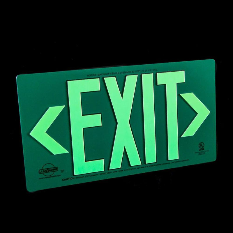 Green Poly-Metal Emergency Exit Sign, LED compliant exit sign, Alternative exit signs, energy free exit signs, Photoluminescent Exit Signs, Electric Sign Alternative, UL924 Emergency Exit Sign, Electric Exit Signs