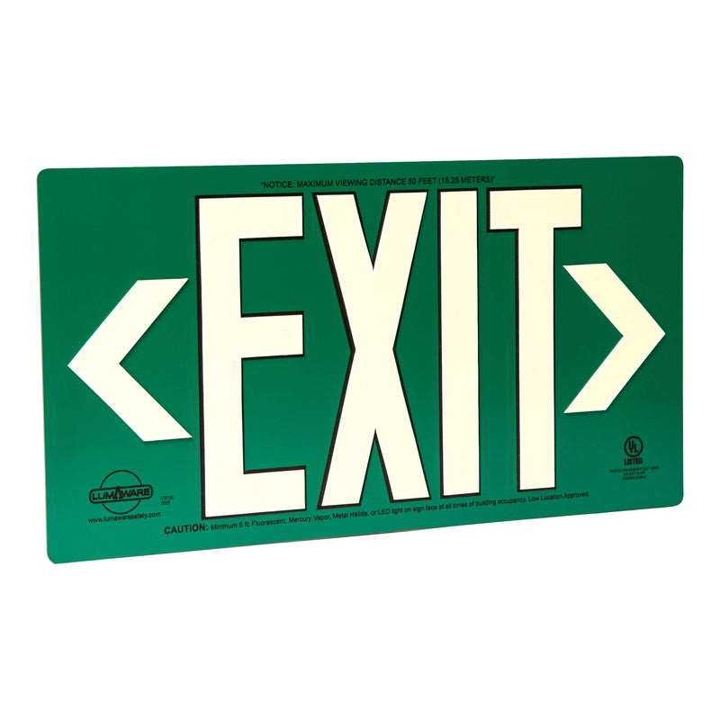 Green Poly-Metal Emergency Exit Sign, LED compliant exit sign, Alternative exit signs, energy free exit signs, Photoluminescent Exit Signs, Electric Sign Alternative, UL924 Emergency Exit Sign, Electric Exit Signs