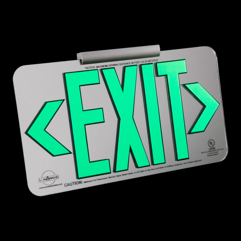 Mirrored Emergency Exit Sign, LED compliant exit sign, Alternative exit signs, energy free exit signs, Photoluminescent Exit Signs, Electric Sign Alternative, UL924 Emergency Exit Sign, Electric Exit Signs