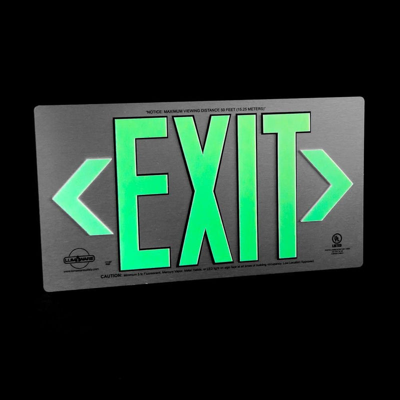 Brushed Metal Aluminum Emergency Exit Sign, LED compliant exit sign, Alternative exit signs, Electric Exit Signs, energy free exit signs, Photoluminescent Exit Signs, Electric Sign Alternative